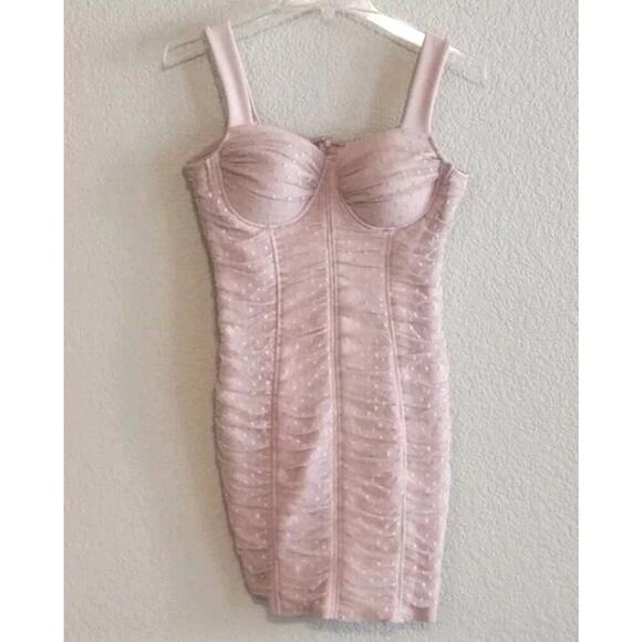 Haute Monde Ruched Polka Dot Dusty Pink Mesh Bustier Bodycon Dress Large - Picture 1 of 13